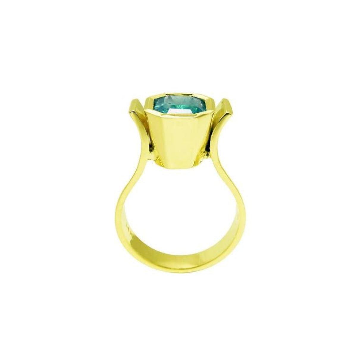 14K yellow gold ring with a bezel-set, rectangular 2.14 ct. medium bluish green emerald.