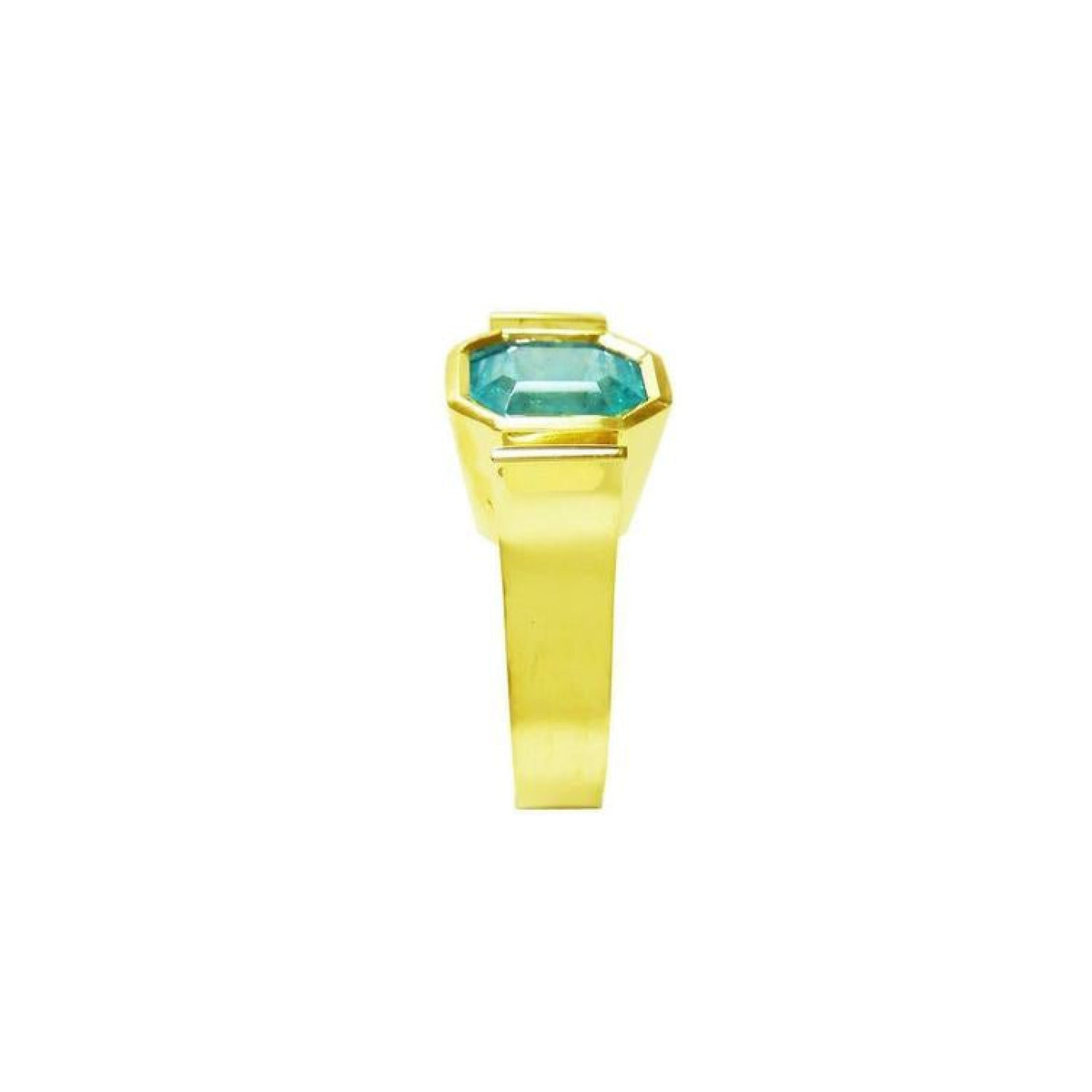 2.14 ct. rectangular Colombian emerald solitaire ring, bezel set in 14K yellow gold.