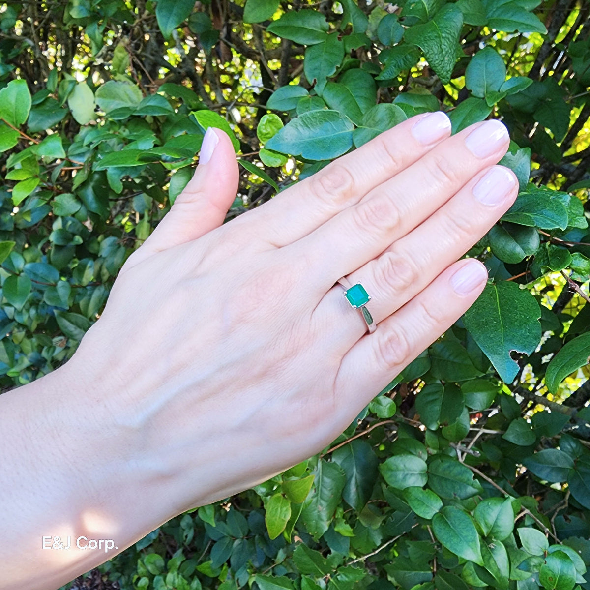 Hand wearing a natural colombian emerald silver ring with a leafy background