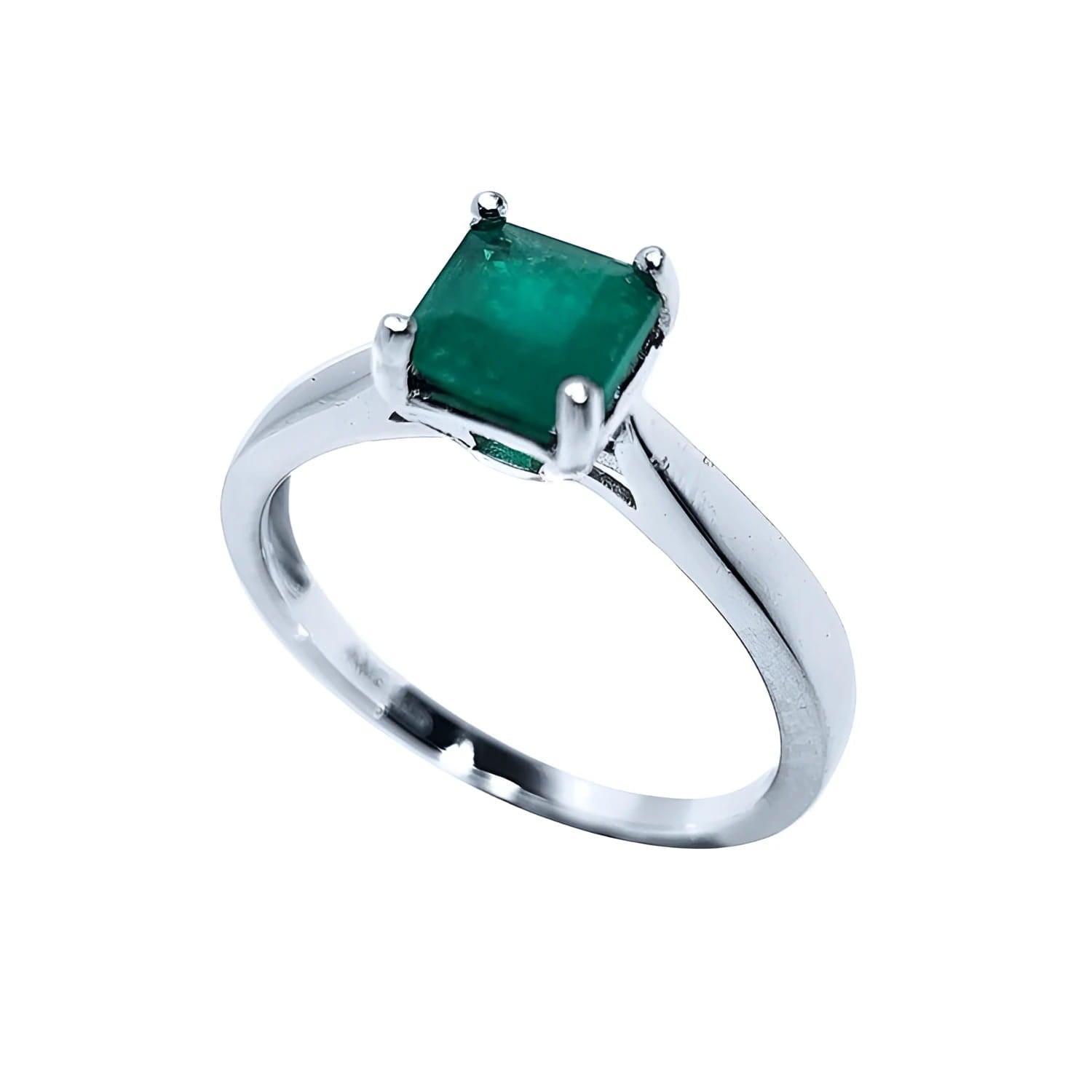 1.00 ct. Colombian emerald solitaire silver ring with a square emerald cut gemstone in a four-prong setting.