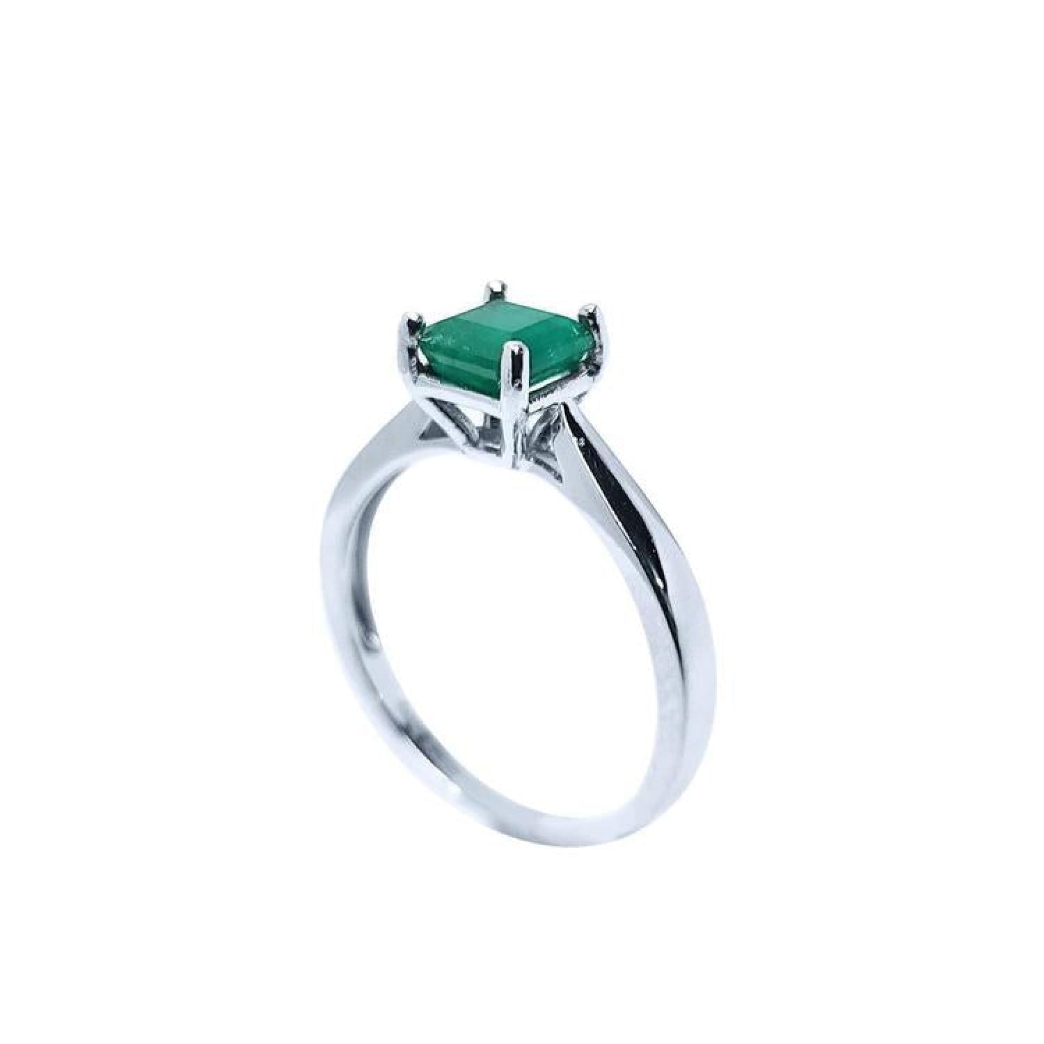 1.00 ct. Colombian emerald silver solitaire ring with a square emerald cut gemstone in a four-prong setting.