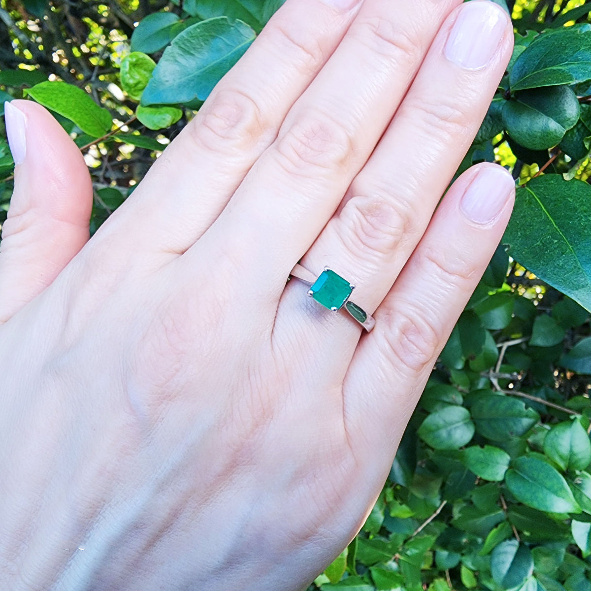 A close up of a hand wearing a genuine colombian emerald solitaire silver ring with a leafy background