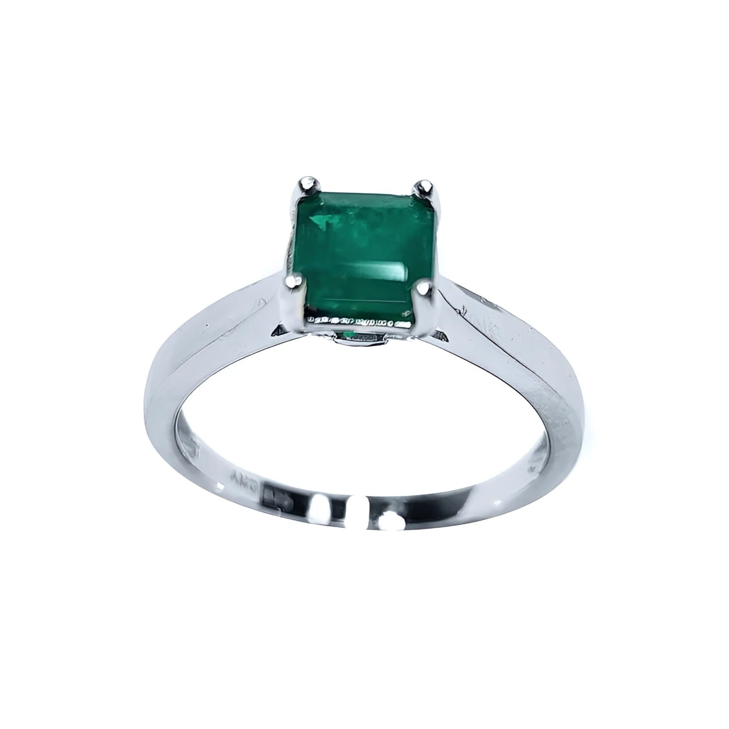 A square emerald-cut natural colombian emerald solitaire silver ring for women.