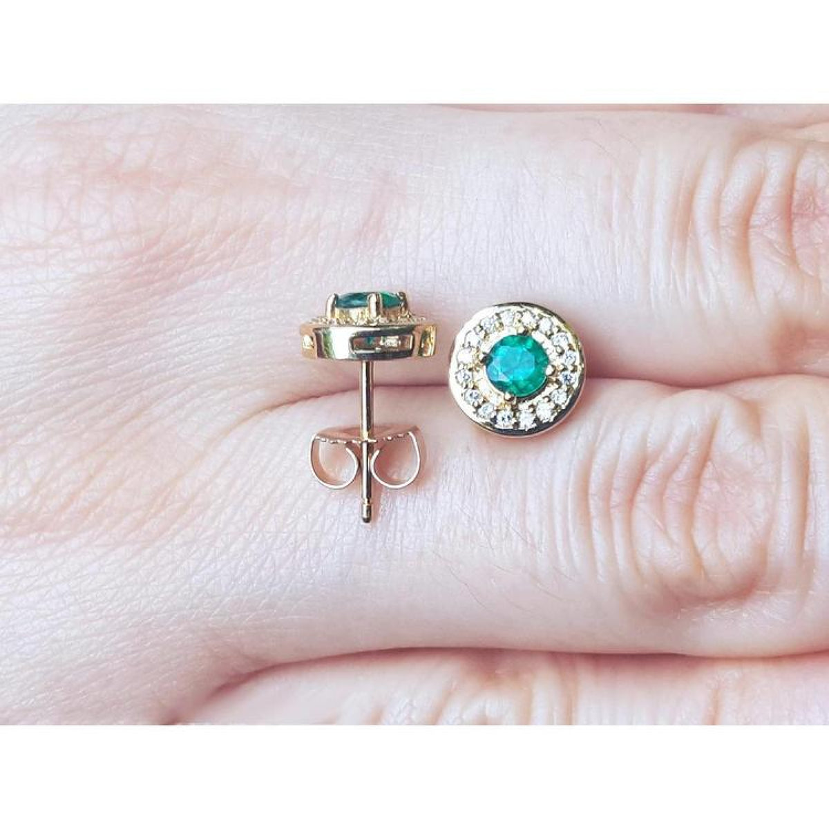 14k yellow gold emerald halo diamond stud earrings, round deep bluish-green emeralds.