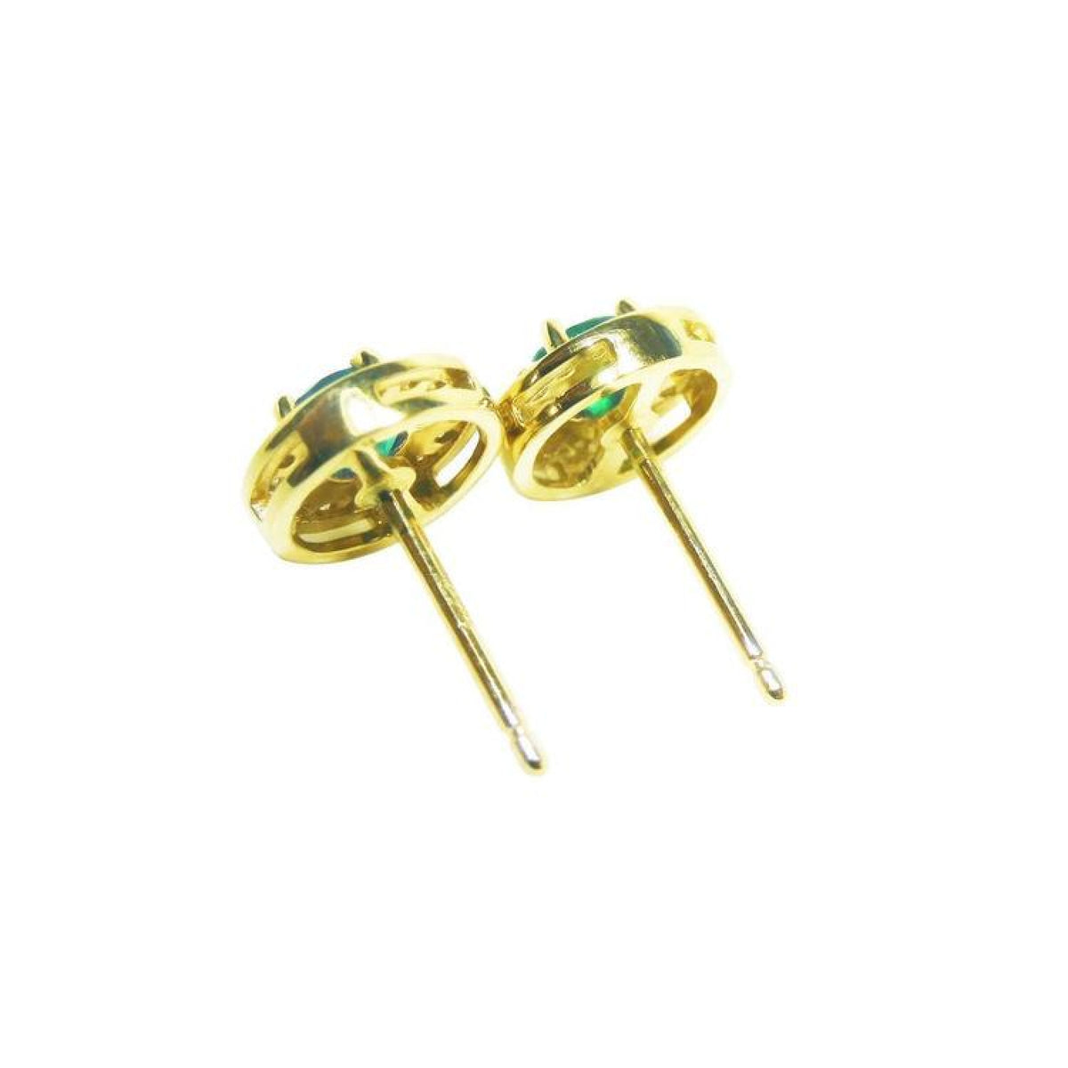 Pair of 14k yellow gold emerald halo diamond stud earrings, back view.