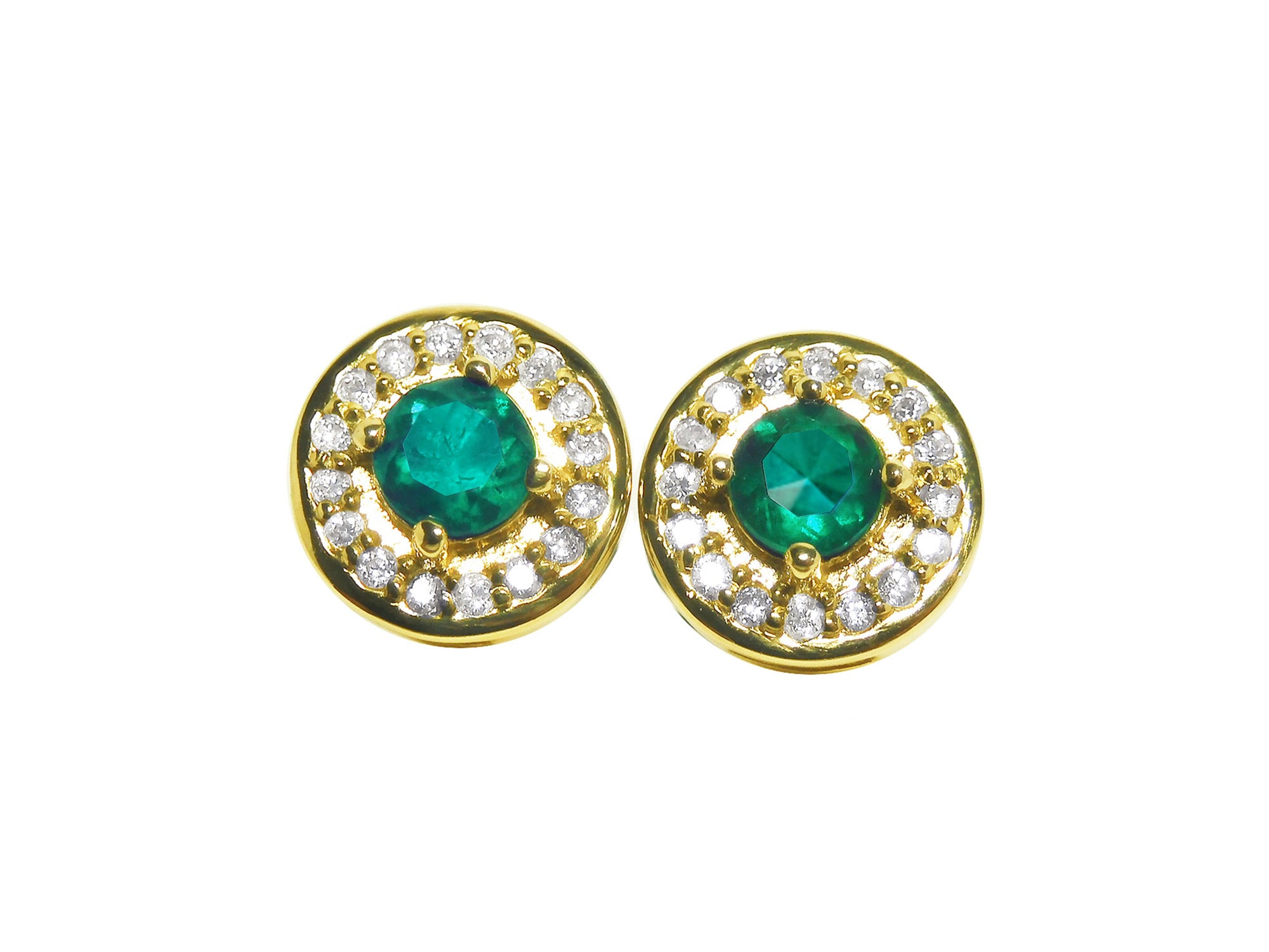 14k yellow gold halo diamond emerald stud earrings, front position top view.