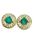 14k yellow gold halo diamond emerald stud earrings, front position top view.