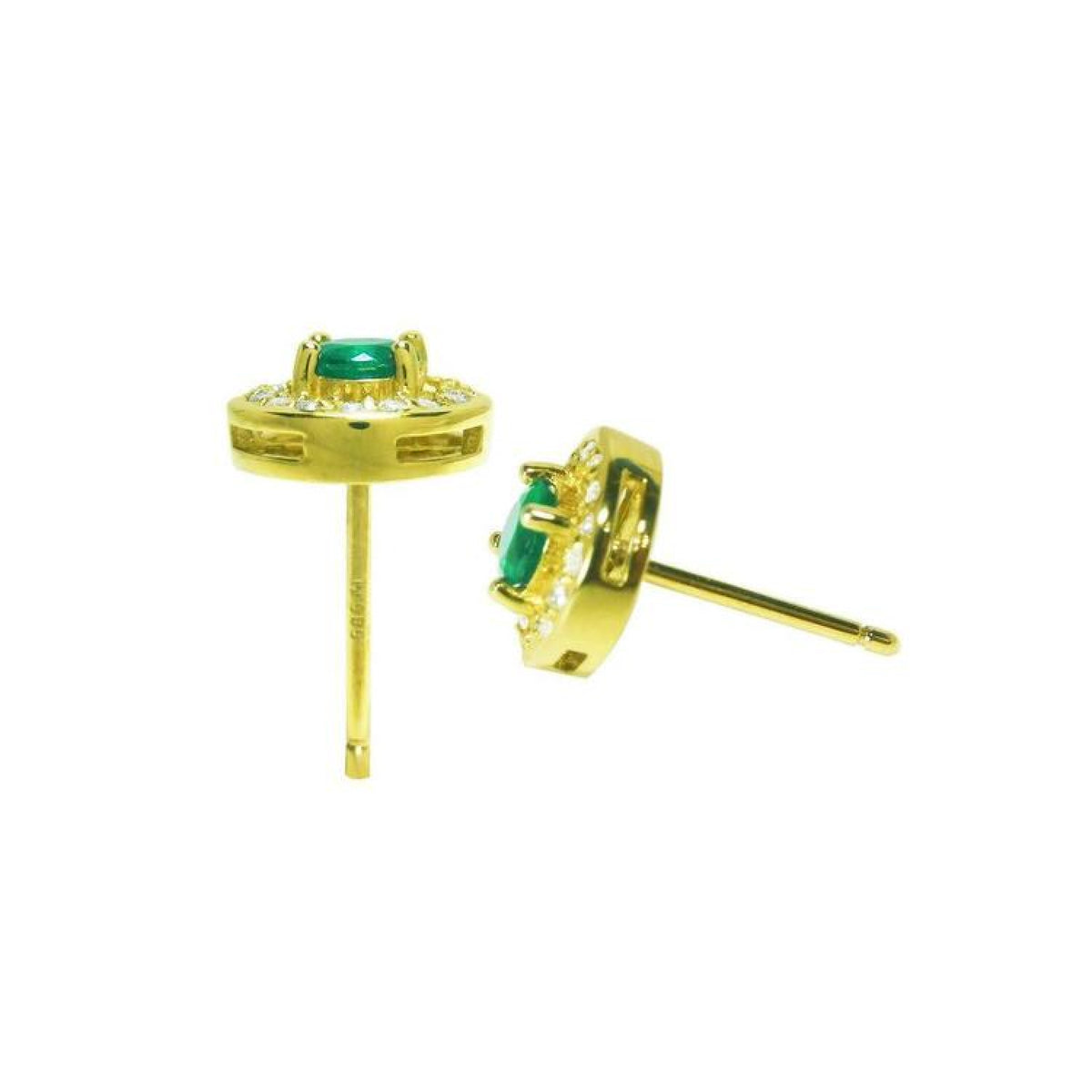 14k yellow gold emerald halo diamond stud earrings with deep bluish-green round cut emeralds.