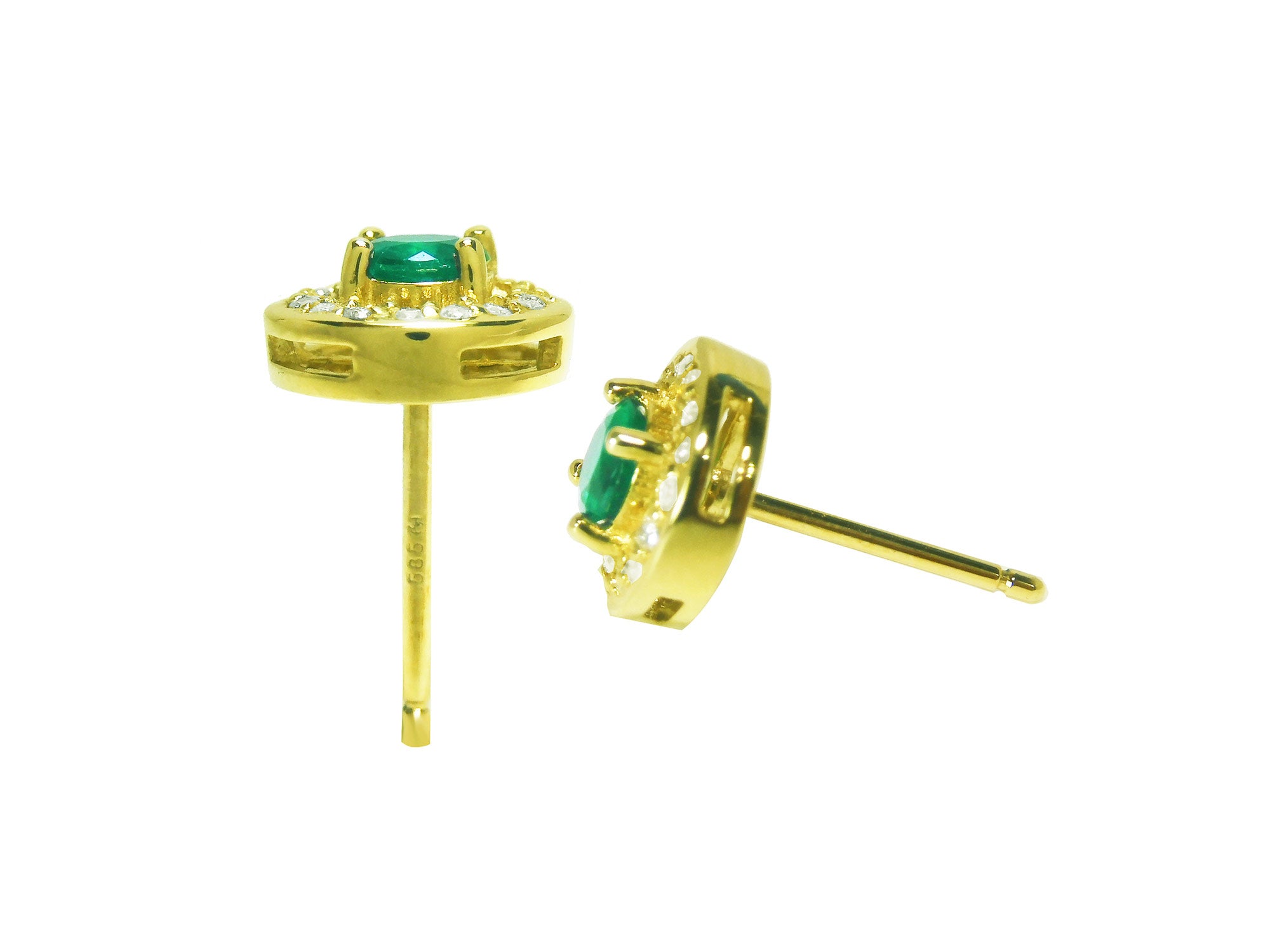 Yellow gold emerald stud earrings, underside view.