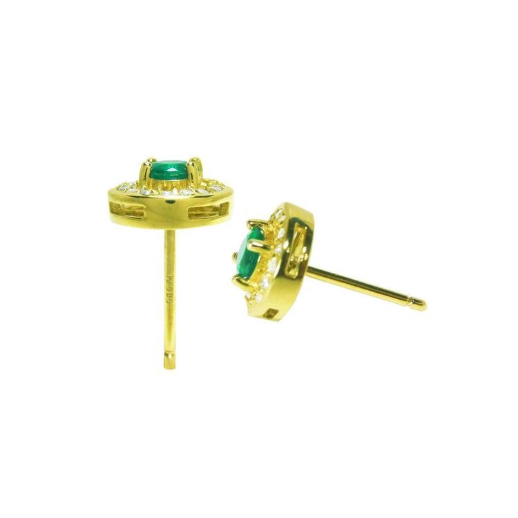 14k yellow gold emerald halo diamond stud earrings with deep bluish-green round cut emeralds.