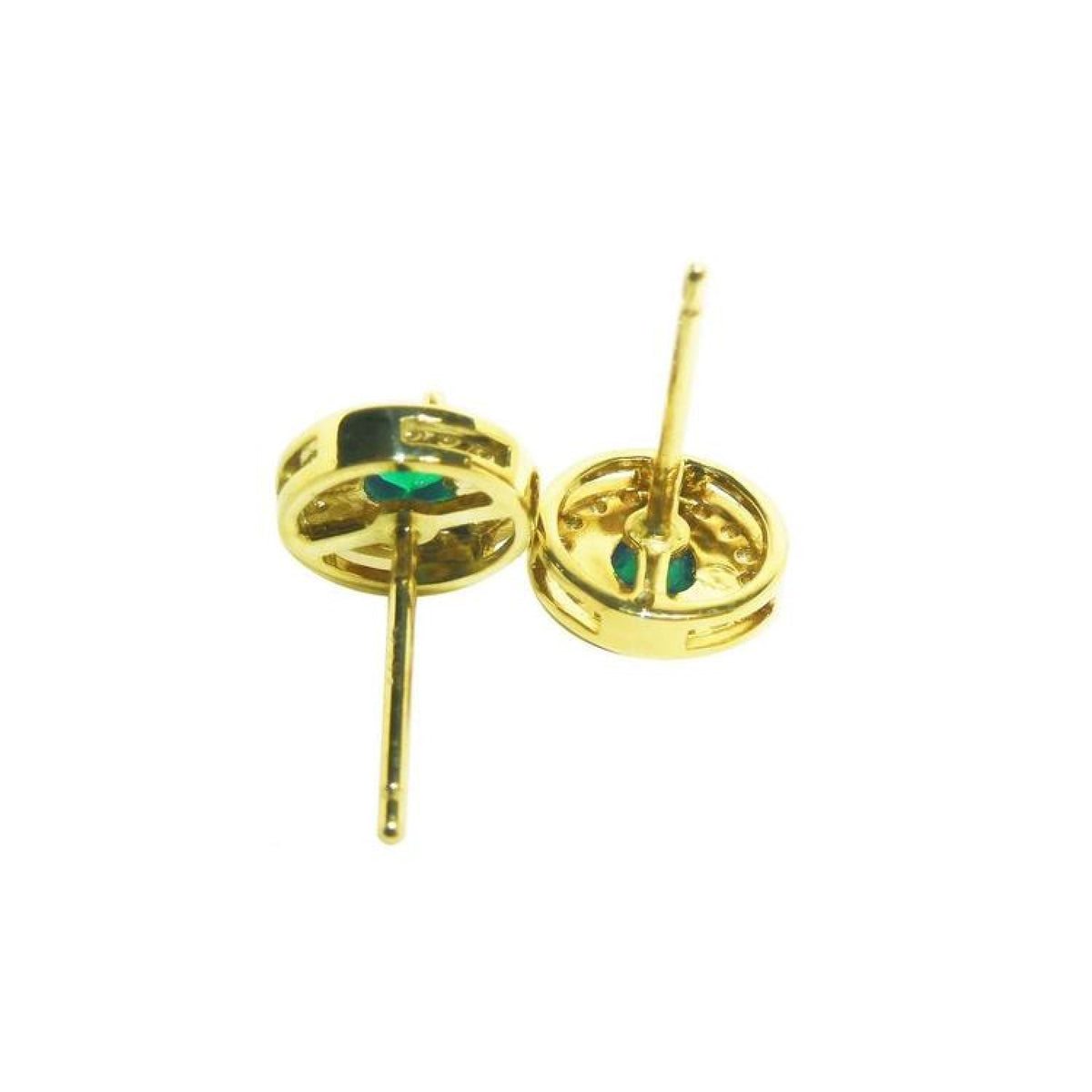14k yellow gold emerald halo diamond stud earrings with deep bluish-green round emeralds.