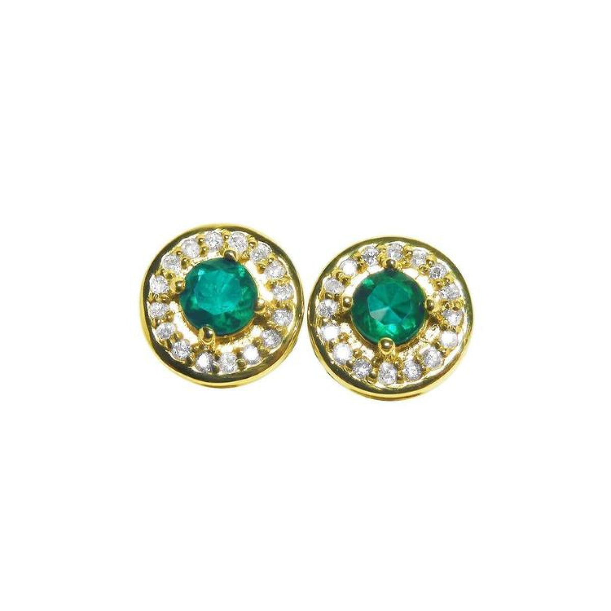 14k yellow gold halo diamond natural colombian emerald stud earrings.