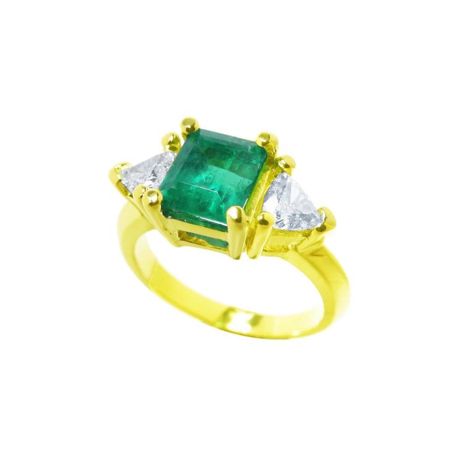 1.48 ct emerald and trillion side diamond ring in 18K gold with four prongs.