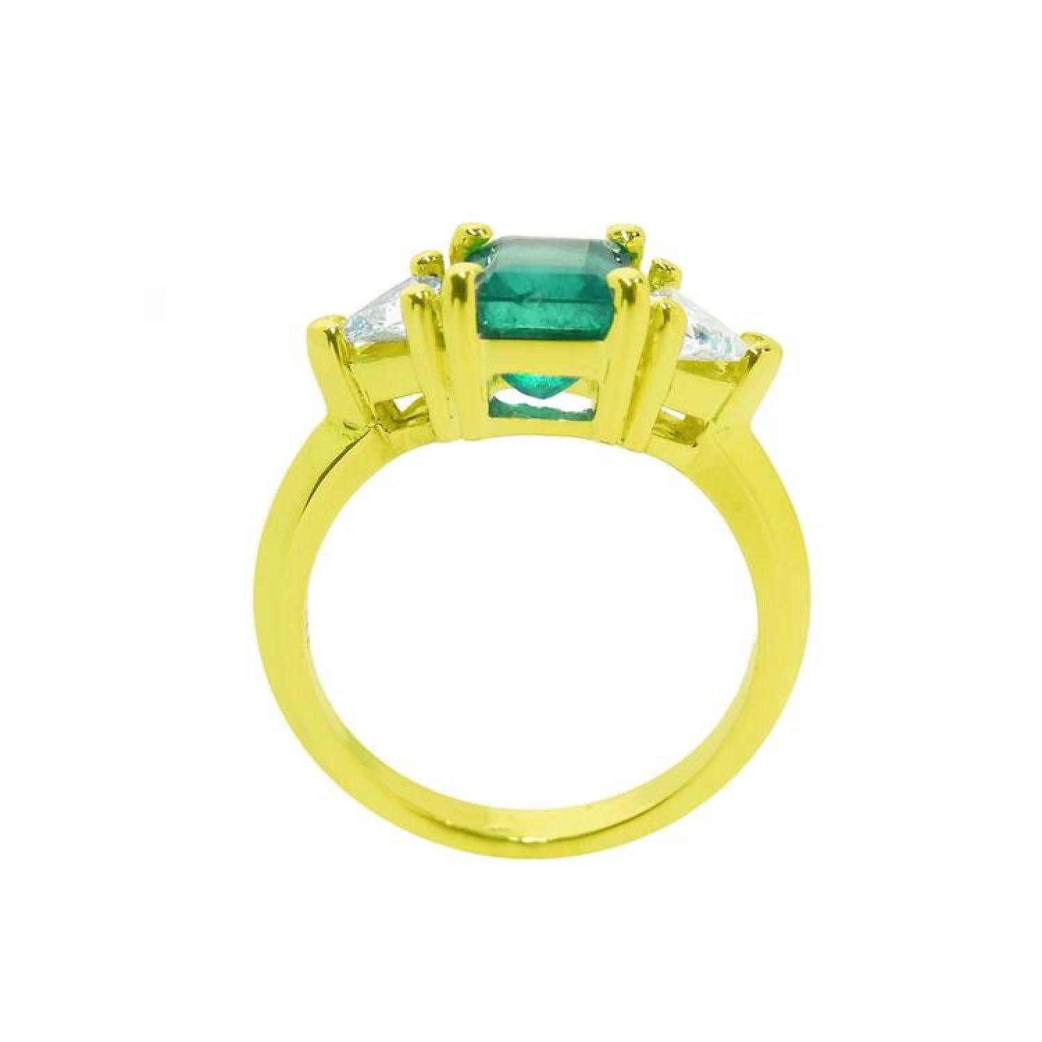 1.48 ct Colombian emerald ring with trillion side diamonds in 18K gold.