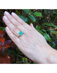 Hand wearing an emerald ring with a natural green leafy background.