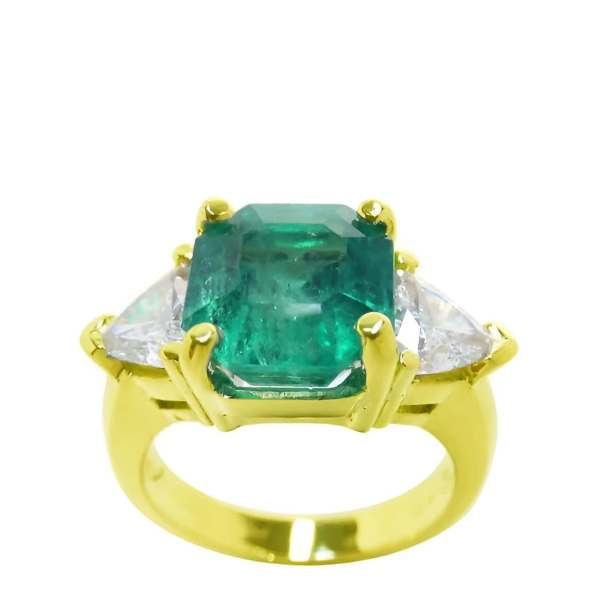 A GIA-certified natural Muzo Colombian emerald ring, featuring trillion-cut side diamonds and crafted in 18k gold.