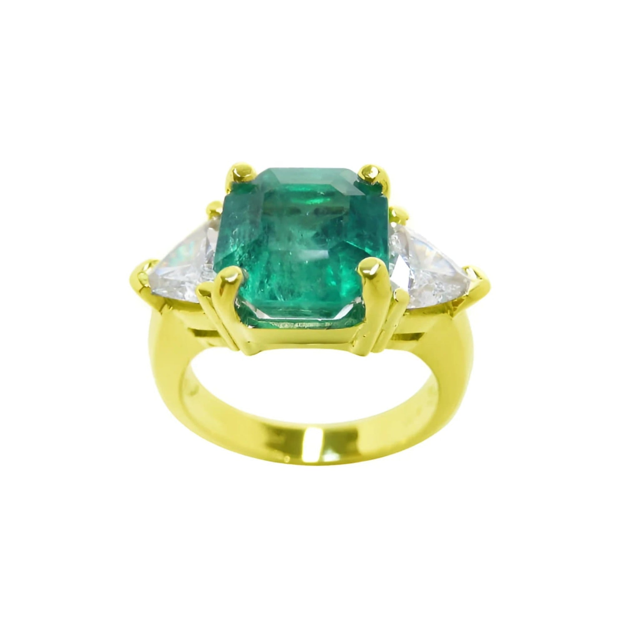A GIA-certified natural Muzo Colombian emerald ring, featuring trillion-cut side diamonds and crafted in 18k gold.
