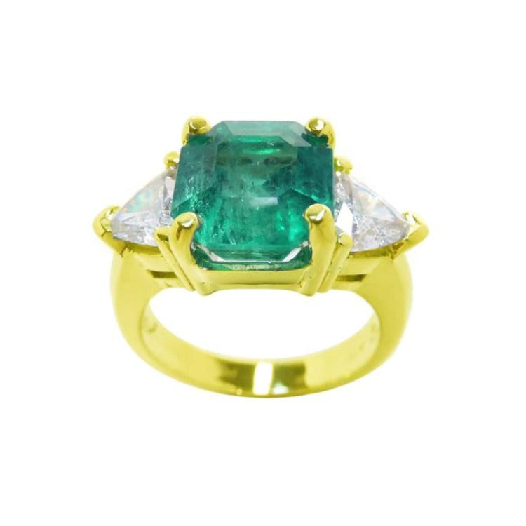 GIA certified emerald ring for women, square emerald-cut with natural trillion cut side diamonds crafted in 18k yellow gold.