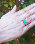 Hand wearing an emerald ring with a blurred green leafy background.