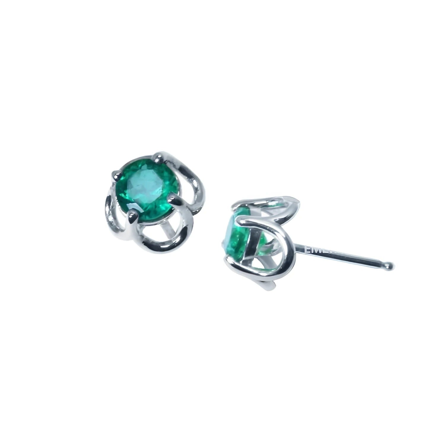 Round emerald stud earrings in 14K white gold tulip setting with push backs.