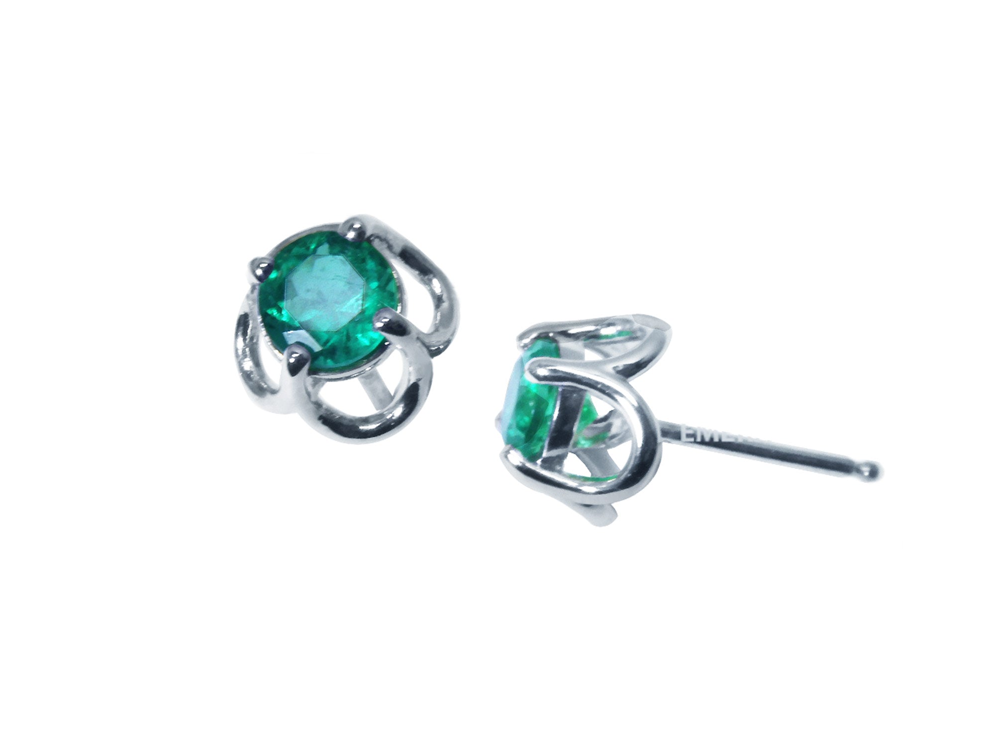 Pair of 14k gold emerald tulip stud earrings, top and side profile view