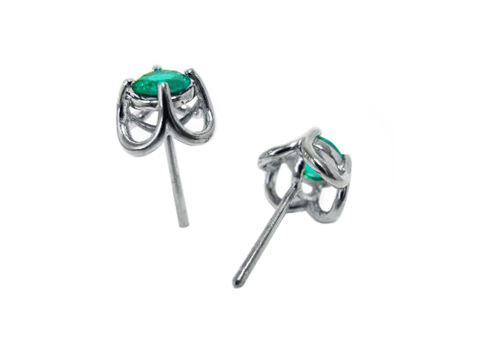 Pair of 14k gold emerald tulip stud earrings, underside view.