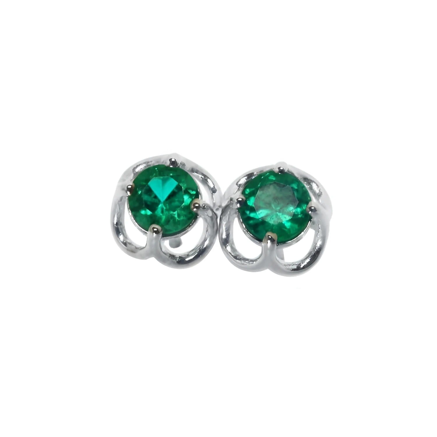 Pair of emerald tulip natural emerald stud earrings made of 14k white gold.