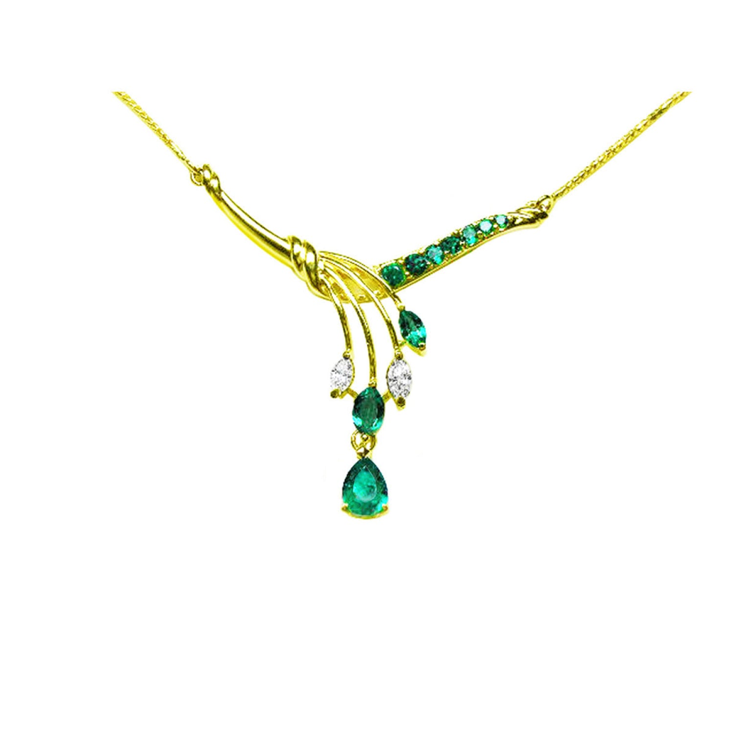 14K yellow gold necklace with marquise and pear-shaped Colombian emeralds and diamonds.