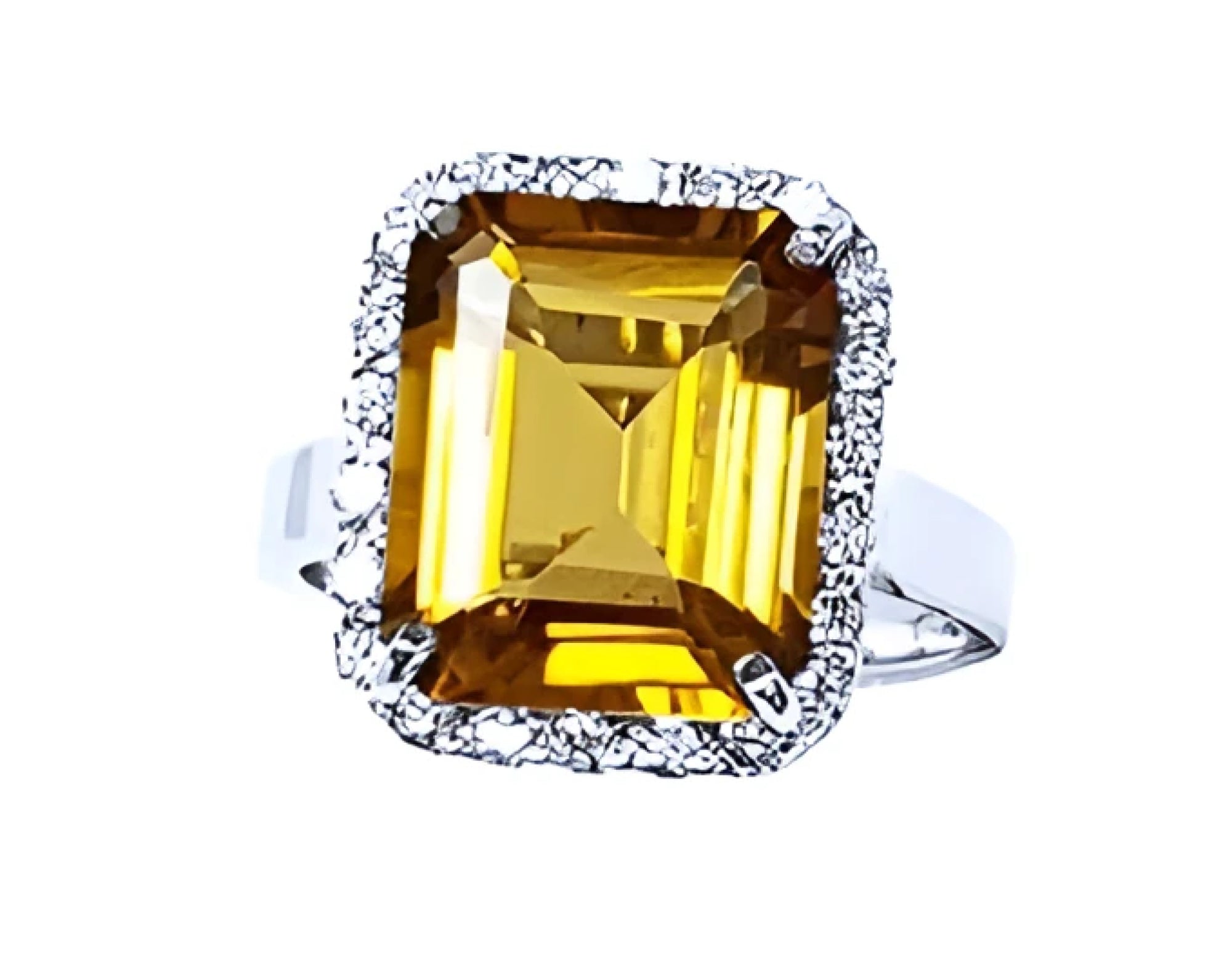 Brides' November birthstone engagement citrine ring, square emerald cut, top view with halo diamond.
