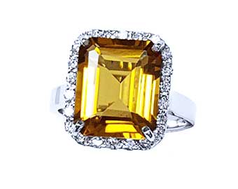 Brides' November birthstone engagement citrine ring, square emerald cut, top view with halo diamond.