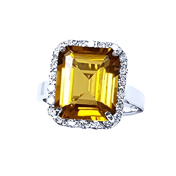 Brides' November birthstone engagement citrine ring, square emerald cut, top view with halo diamond.