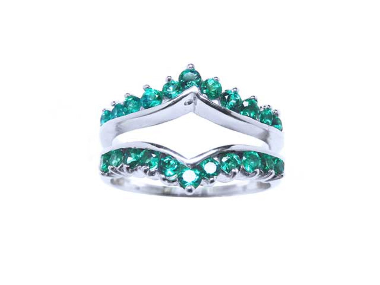 This enhancer emerald ring displays the topside detailed two rows of natural emeralds round cut.
