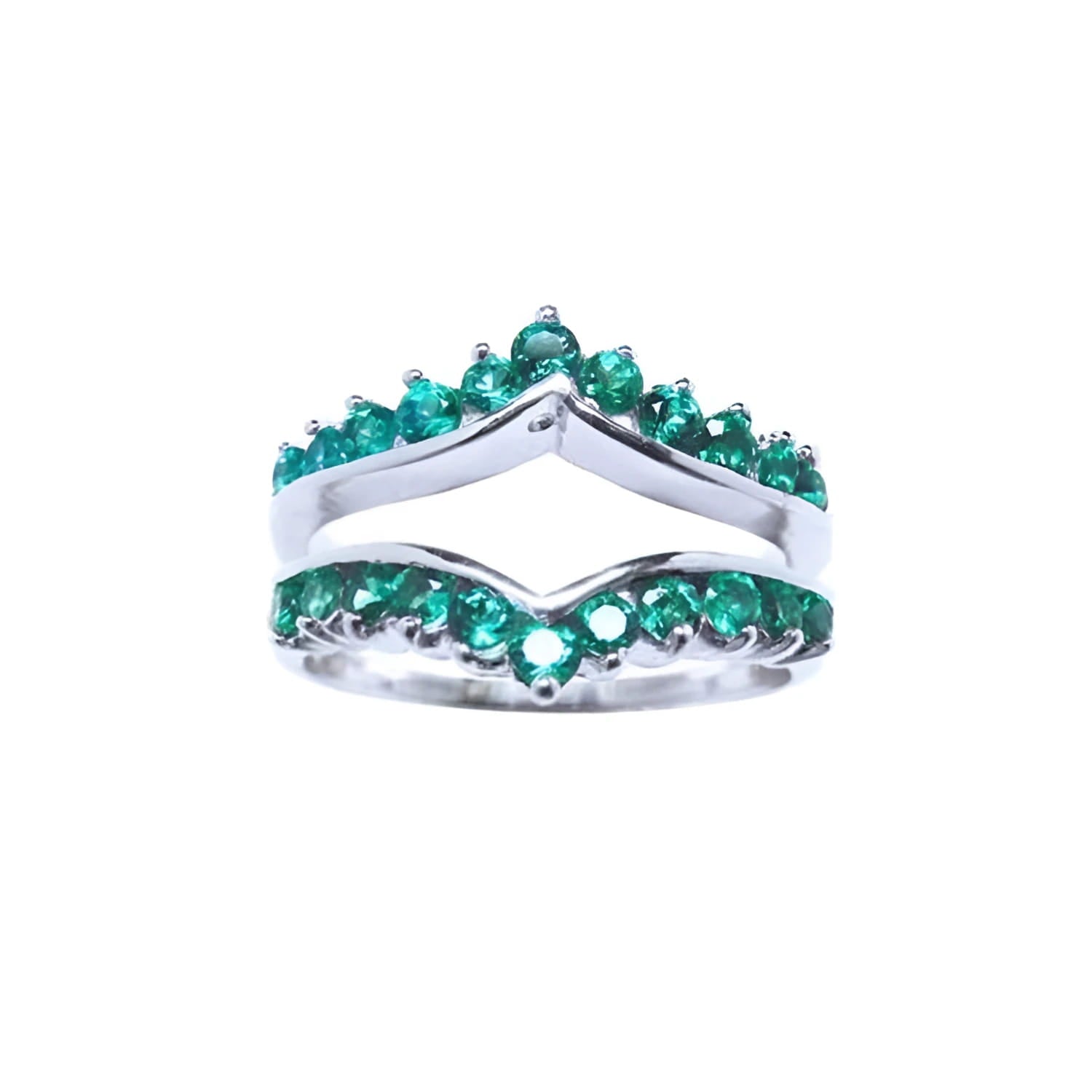 This enhancer emerald ring displays the topside detailed two rows of natural emeralds round cut.