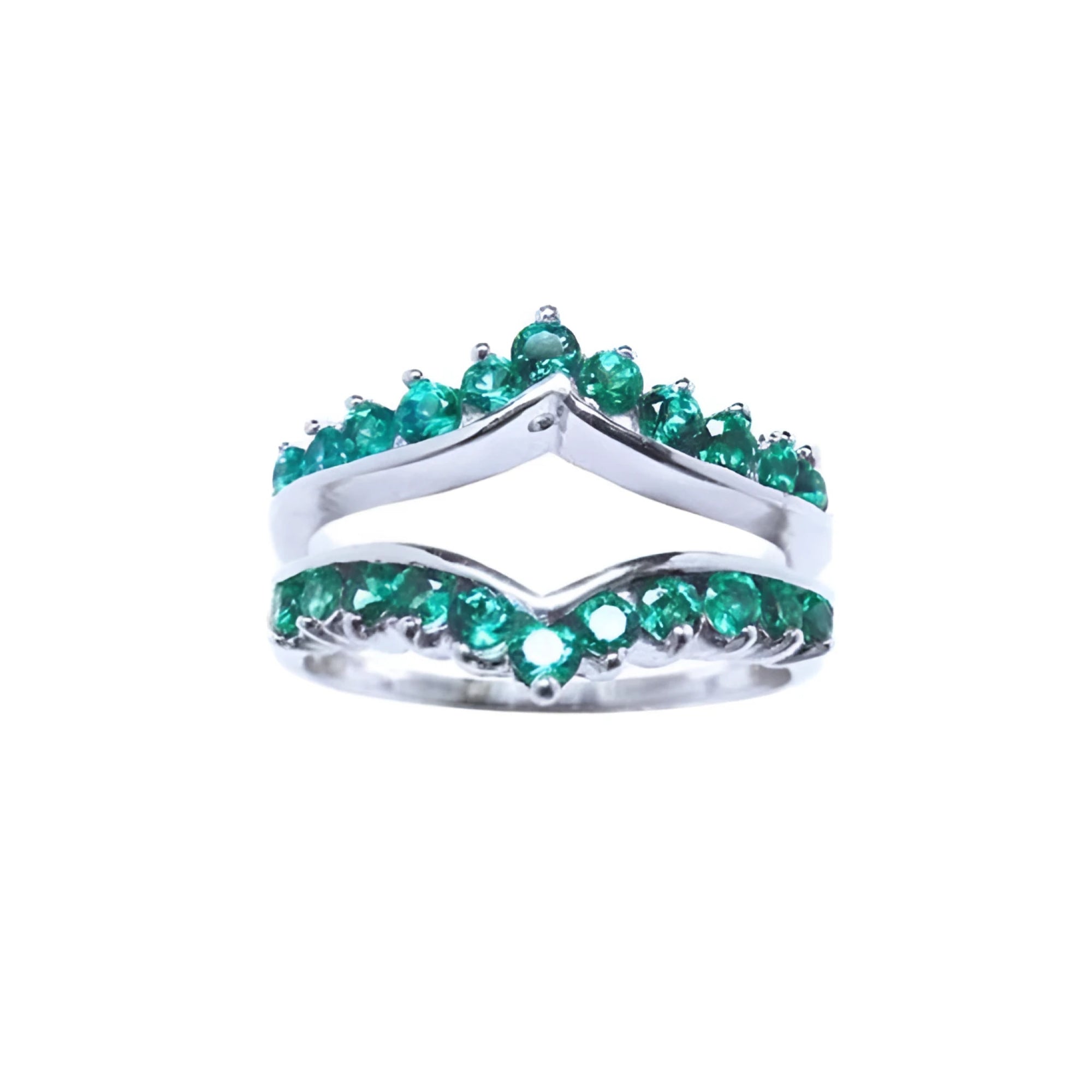 This enhancer emerald ring displays the topside detailed two rows of natural emeralds round cut.