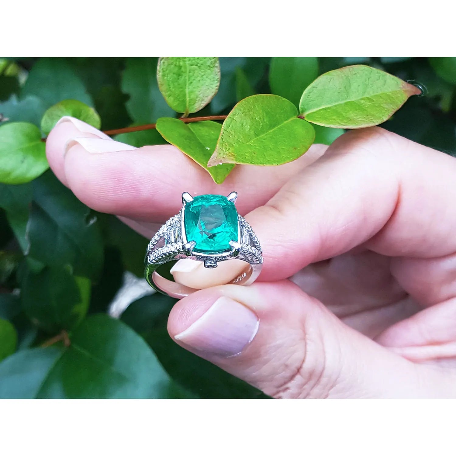 anillo para mujer con esmeralda de Muzo Colombia, exhibiéndolo entre dedos con hojas alrededor.