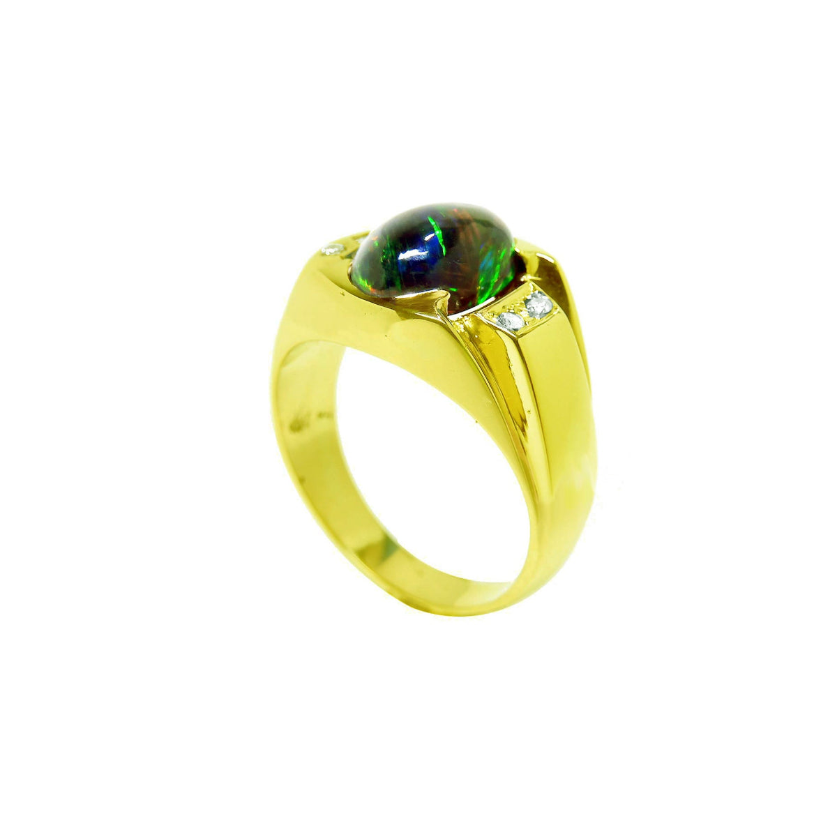 Gold ring with a natural black opal and small side diamonds on a top and partial side perspective view.
