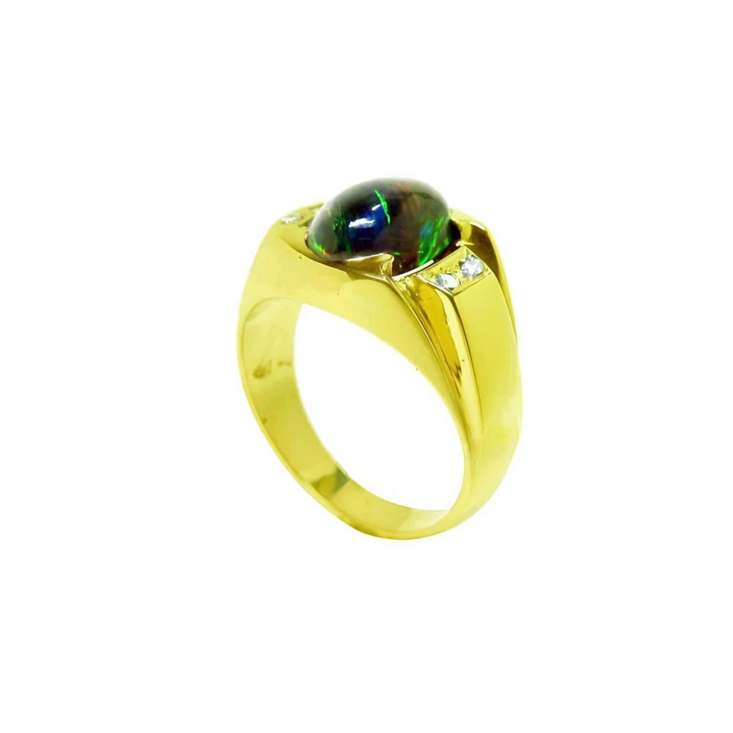 Men's 14K yellow gold ring with a large oval Ethiopian black opal and two small side diamonds.