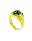 Gold ring with a natural black opal and small side diamonds on a top and partial side perspective view.