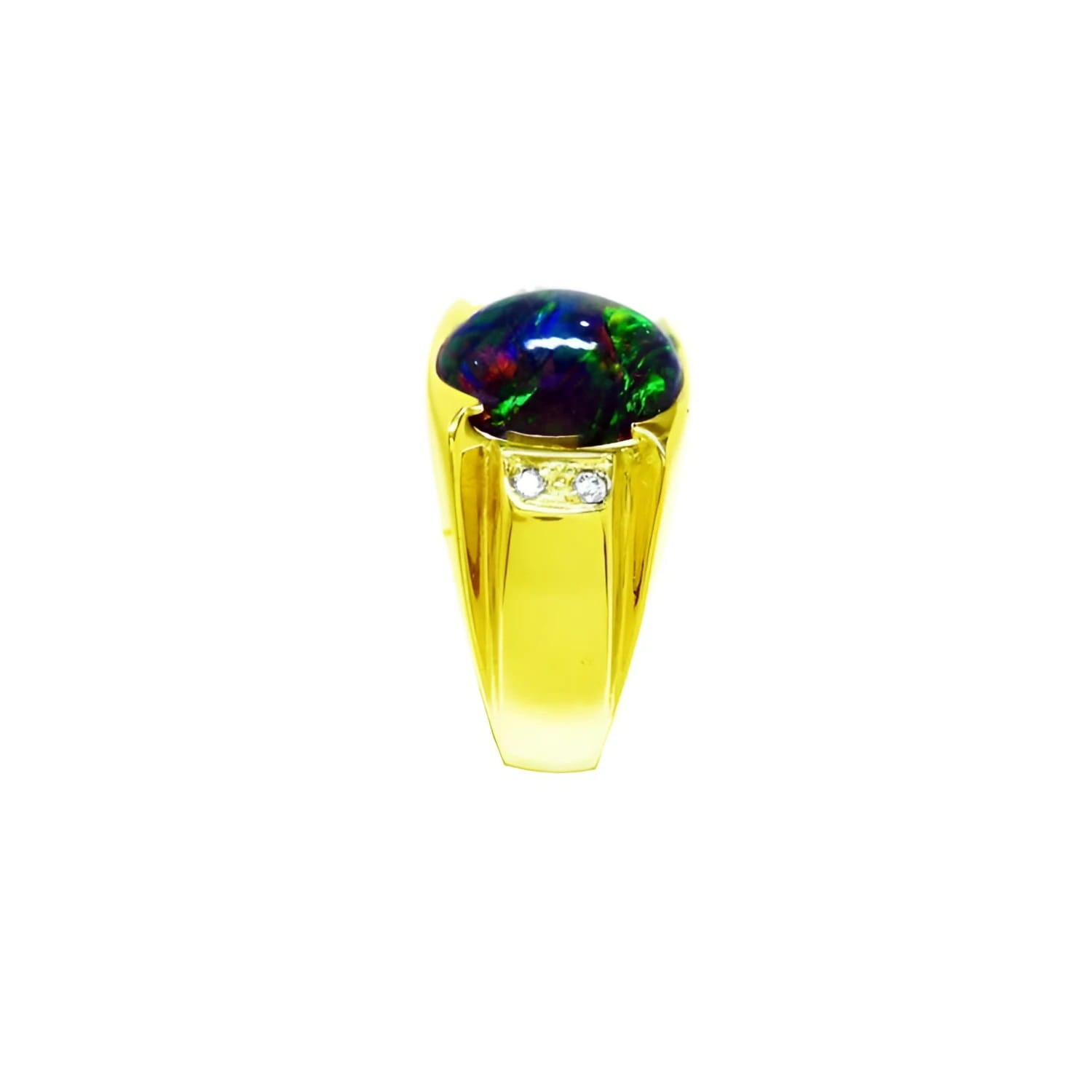 Men's 14K yellow gold ring with a vibrant Ethiopian black opal and two small diamonds.