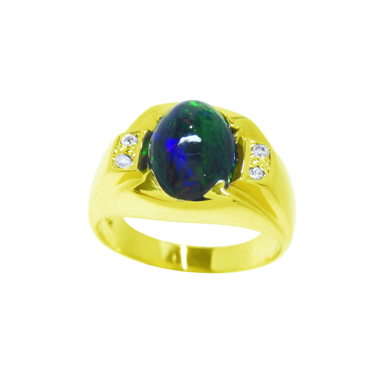 Gold ring with a central oval black opal and smaller diamonds on a top and sides profile view.