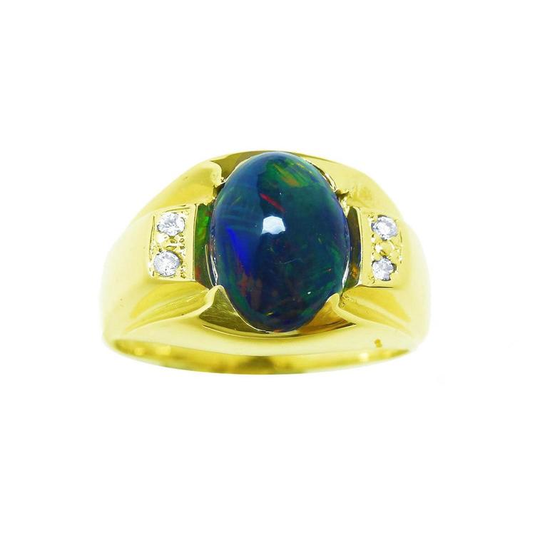 Gold ring with a central black opal stone and smaller side diamonds on a top and sides view profile.
