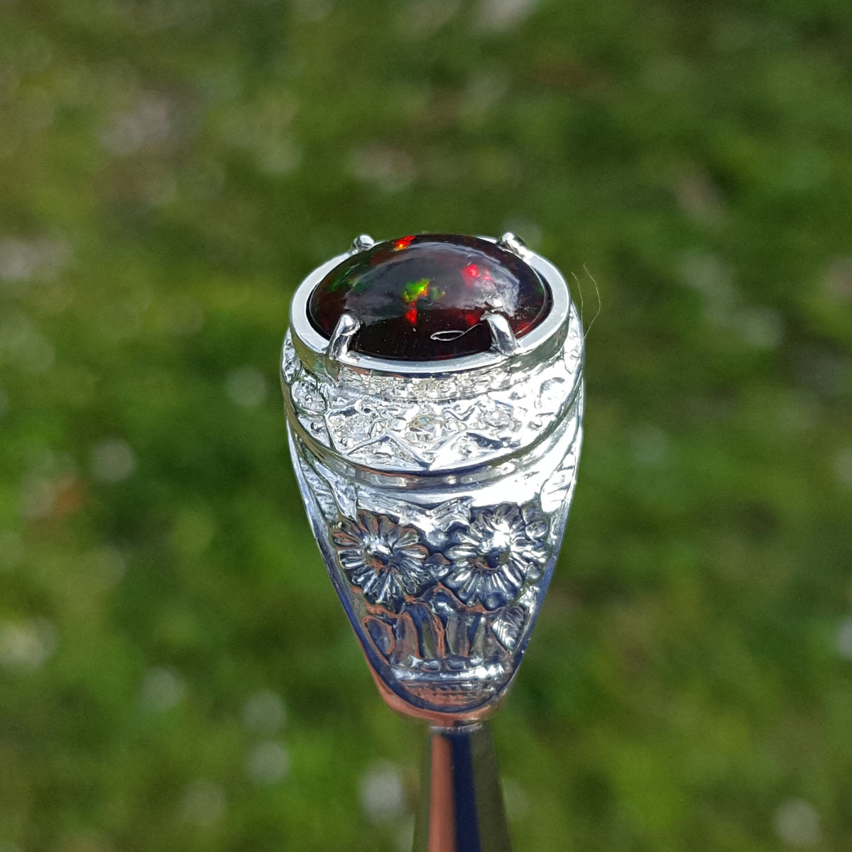Men's silver ring with a red Welo Ethiopian black opal on a blurred green background