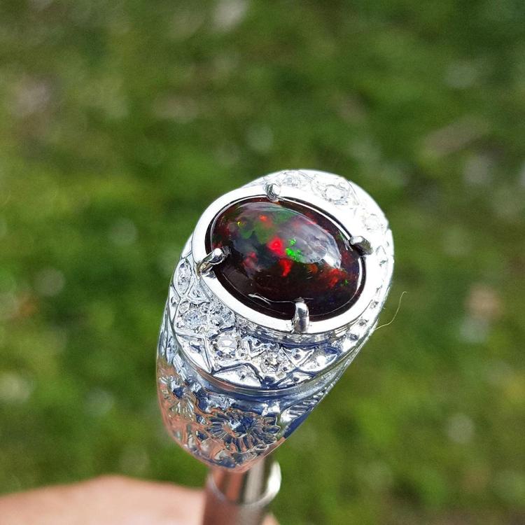 Men's silver ring with a colorful black Ethiopian black opal held against a blurred green background