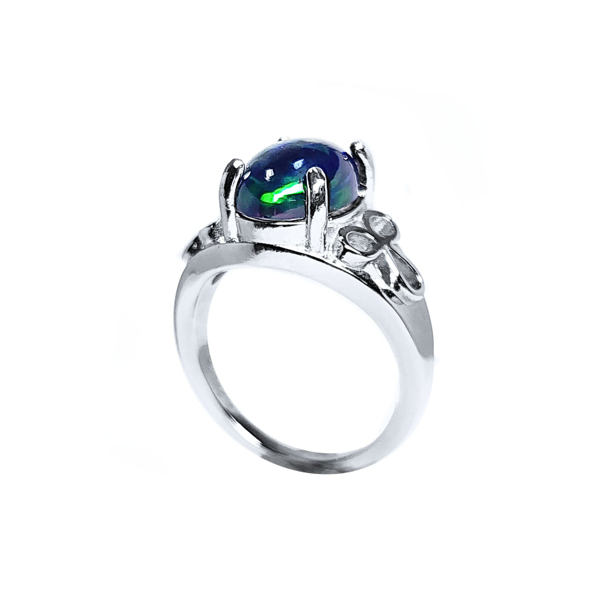 Silver ring with a central Ethiopian black opal gemstone on a half lateral profile view.