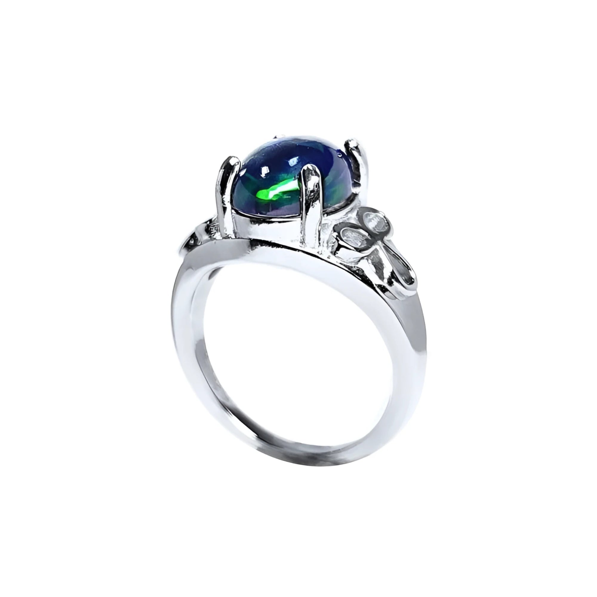 Sterling silver ring with a 2.15 ct black Ethiopian opal showing green-blue play of color.