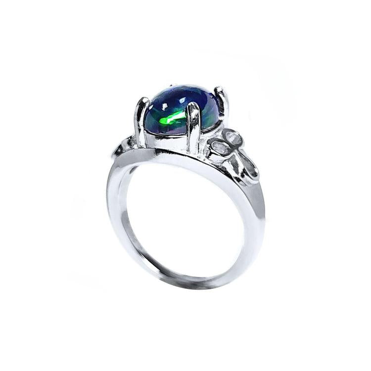 Sterling silver ring with a 2.15 ct black Ethiopian opal showing green-blue play of color.
