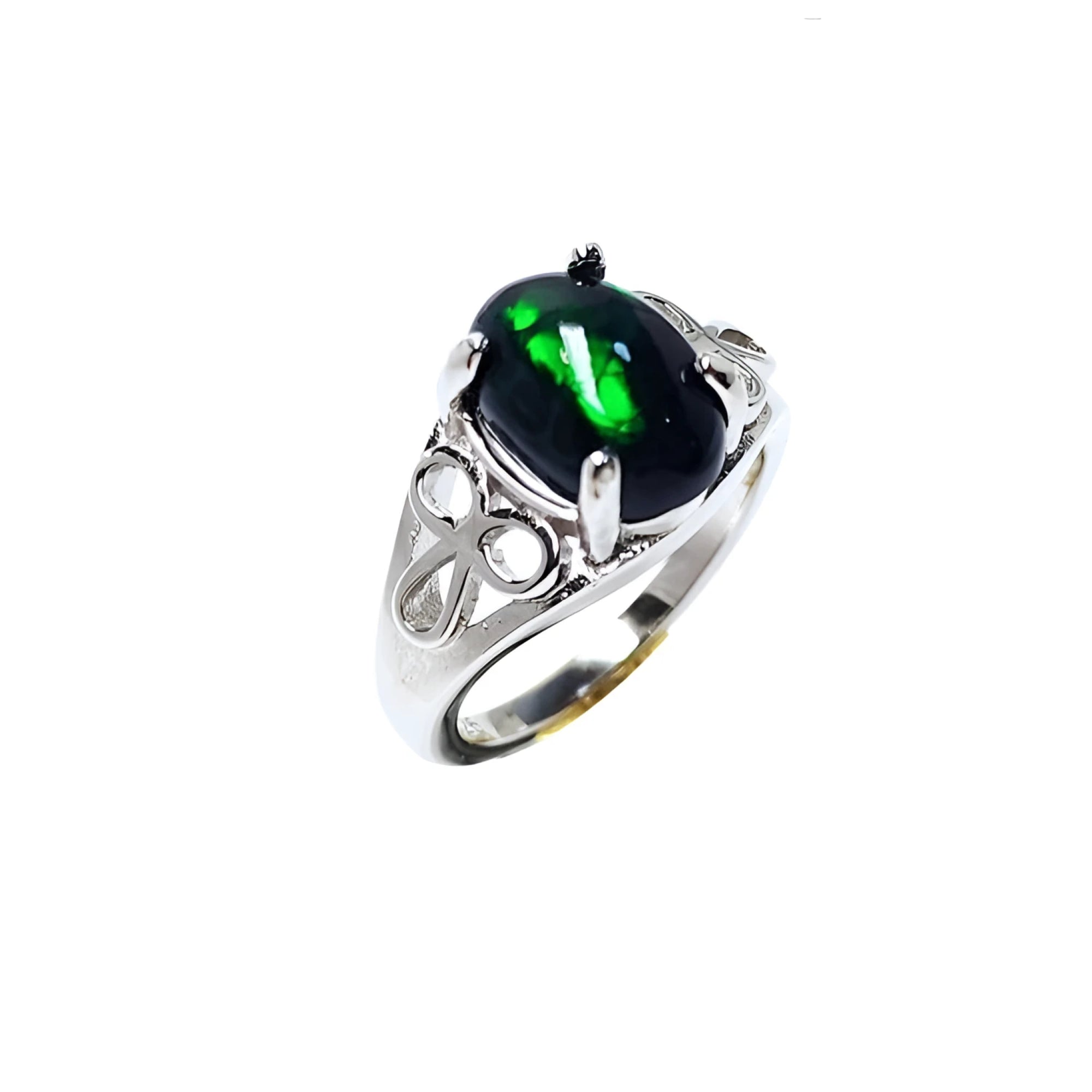 Sterling silver ring with a 2.15 ct oval black Ethiopian opal showing green-blue play of color.
