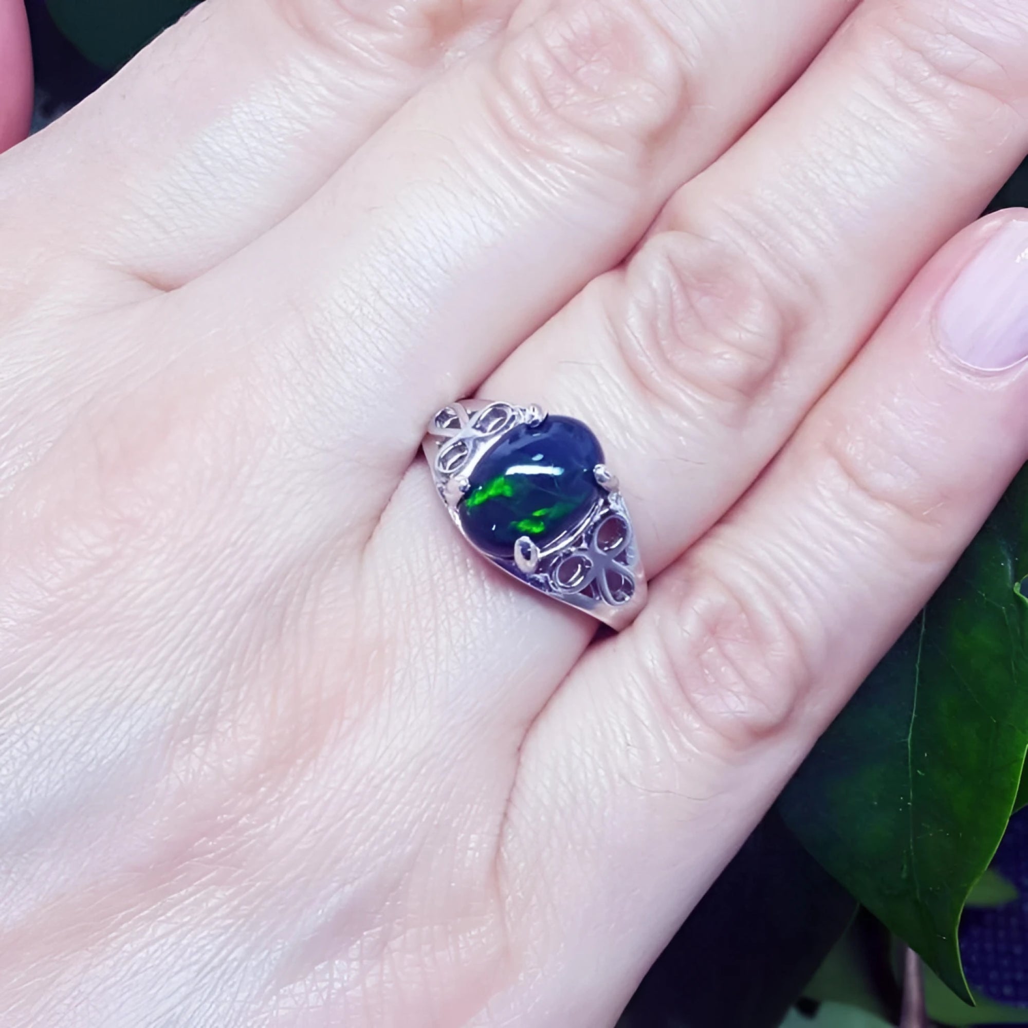 Black Ethiopian opal ring in sterling silver, featuring a 2.15 ct gemstone with green-blue play of color.