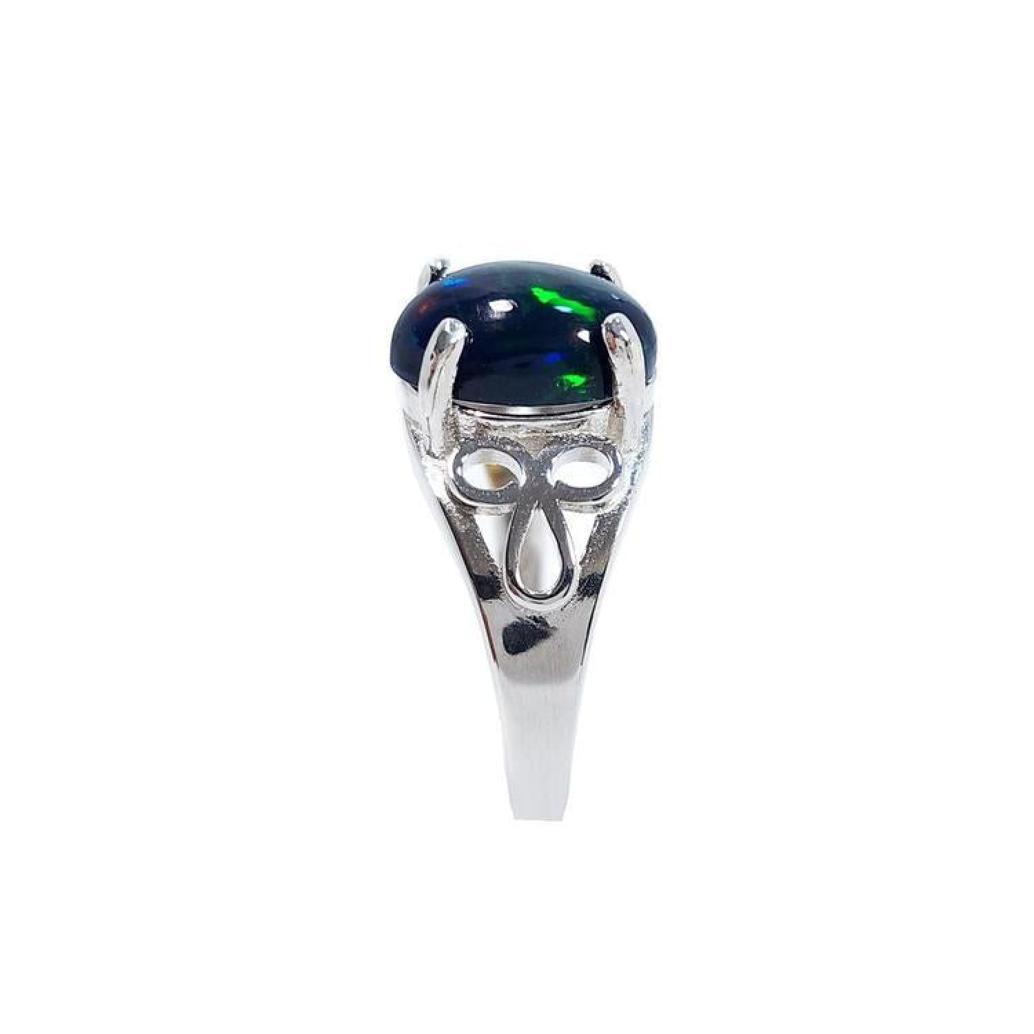 Sterling silver ring with a 2.15 ct black Ethiopian opal gemstone, showing green-blue play of color.