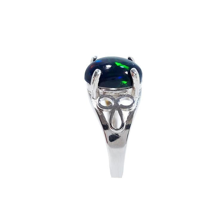 Sterling silver ring with a 2.15 ct black Ethiopian opal gemstone, showing green-blue play of color.